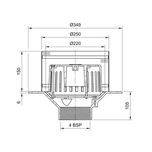 Frost Aluminium Inverted Roof drain assembly - fixed dome 220mm and 150mm gravel guard, medium sump body with clamp, vertical threaded outlet 4" BSP