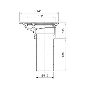 Frost Aluminium Balcony outlet, aluminium grating and clamping ring, small sump body, vertical 200mm spigot outlet 110mm dia