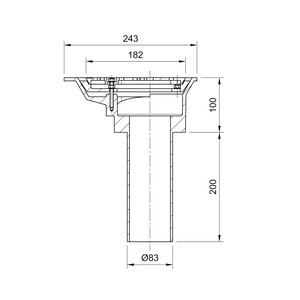 Frost Aluminium Balcony outlet, aluminium grating and clamping ring, small sump body, vertical 200mm spigot outlet 75mm dia
