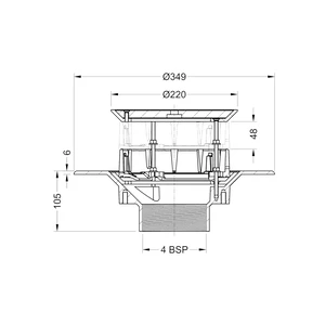 Frost Aluminium Inverted Roof drain assembly - aluminium grating, fixed 240mm circular, medium sump body with clamp, vertical threaded outlet 4" BSP