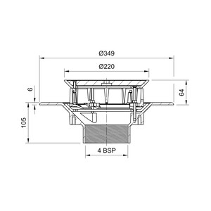 Frost Aluminium Inverted Roof drain assembly - aluminium grating, fixed 240mm circular, medium sump body with clamp, vertical threaded outlet 4" BSP