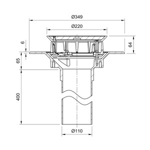 Frost Aluminium Inverted Roof drain assembly - aluminium grating, fixed 240mm circular, medium sump body with clamp, vertical 400mm spigot outlet 110mm dia