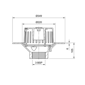 Frost Aluminium Cold Roof drain assembly - fixed dome 220mm circular, medium sump body with clamp, vertical threaded outlet 3" BSP