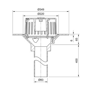 Frost Aluminium Cold Roof drain assembly - fixed dome 220mm circular, medium sump body with clamp, vertical 400mm spigot outlet 75mm dia