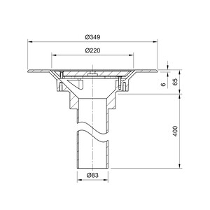 Frost Aluminium Cold Roof drain assembly - aluminium grating, fixed 240mm circular, medium sump body with clamp, vertical 400mm spigot outlet 75mm dia