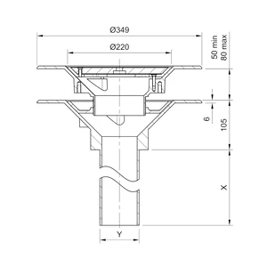 Frost Aluminium Warm Roof drain assembly - aluminium grating, fixed 240mm circular, medium sump body with clamp, vertical 400mm spigot outlet 75mm dia