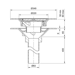 Frost Aluminium Warm Roof drain assembly - aluminium grating, fixed 240mm circular, medium sump body with clamp, vertical 400mm spigot outlet 75mm dia