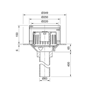 Frost Aluminium Inverted Roof drain assembly - fixed dome 220mm and 150mm gravel guard, medium sump body with clamp, vertical 400mm spigot outlet 75mm dia