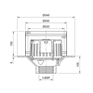 Frost Aluminium Inverted Roof drain assembly - fixed dome 220mm and 150mm gravel guard, medium sump body with clamp, vertical threaded outlet 3" BSP