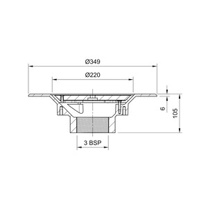 Frost Aluminium Cold Roof drain assembly - aluminium grating, fixed 240mm circular, medium sump body with clamp, vertical threaded outlet 3" BSP