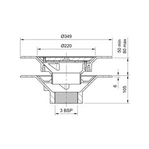 Frost Aluminium Warm Roof drain assembly - aluminium grating, fixed 240mm circular, medium sump body with clamp, vertical threaded outlet 3" BSP
