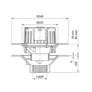 Frost Aluminium Warm Roof drain assembly - fixed dome 220mm circular, medium sump body with clamp, vertical threaded outlet 3" BSP