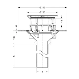Frost Aluminium Inverted Roof drain assembly - aluminium grating, fixed 240mm circular, medium sump body with clamp, vertical 200mm spigot outlet 75mm dia