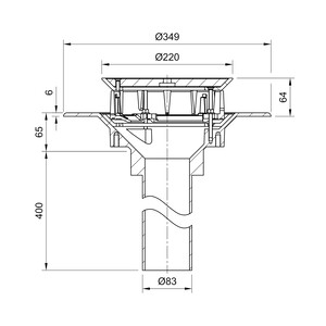Frost Aluminium Inverted Roof drain assembly - aluminium grating, fixed 240mm circular, medium sump body with clamp, vertical 400mm spigot outlet 75mm dia