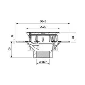 Frost Aluminium Inverted Roof drain assembly - aluminium grating, fixed 240mm circular, medium sump body with clamp, vertical threaded outlet 3" BSP