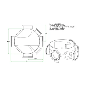 450mm Inspection Chamber Base 160mm Channel 2 x 160mm Inlets & 2 x 110mm Inlets, for installation up to 1.2m - New