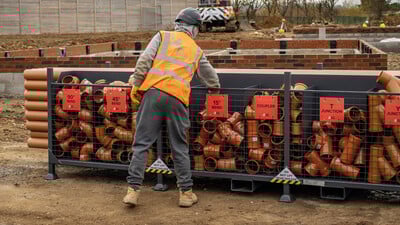 Construction worker fetching a drainage fitting from a SiteStak workstation
