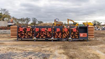 Front view of a SiteStak workstation full of underground drainage