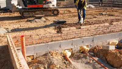 housebuilding plot drainage with groundworker and excavator in the background