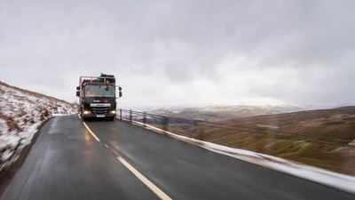 Drainfast Truck Travelling at Speed along the Buttertub Pass in Yorkshire making drainage deliveries