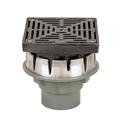 Frost Floor drain assembly medium duty with clamp adjustable 200mm grating square, small sump body cast iron vertical outlet 100mm DIA