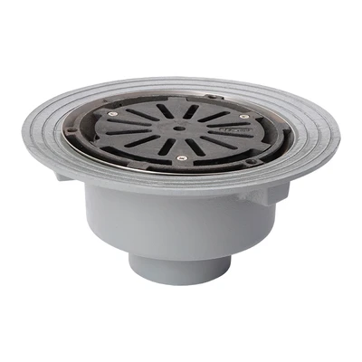 Frost Floor drain assembly medium duty with clamp fixed grating 240mm round, large sump body cast iron vertical outlet 100mm DIA