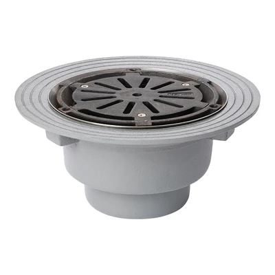 Frost Floor drain assembly medium duty clamp fixed grating 240mm round, large sump body cast iron vertical outlet BSP4