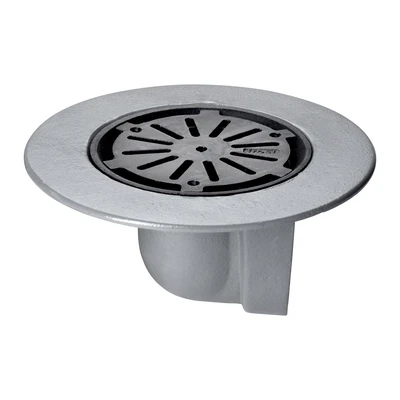 Frost Cold Roof drain assembly - cast iron grating, fixed 240mm circular, medium sump body with clamp, horizontal threaded outlet 4" BSP