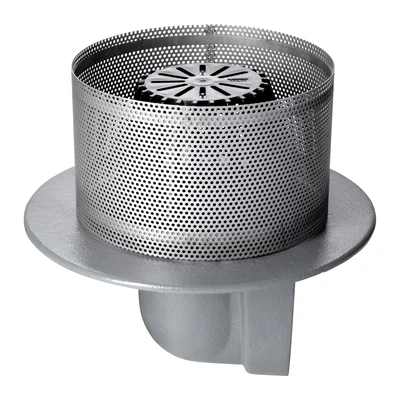 Frost Inverted Roof drain assembly - fixed dome 220mm and 150mm gravel guard, medium sump body with clamp, horizontal threaded outlet 4" BSP