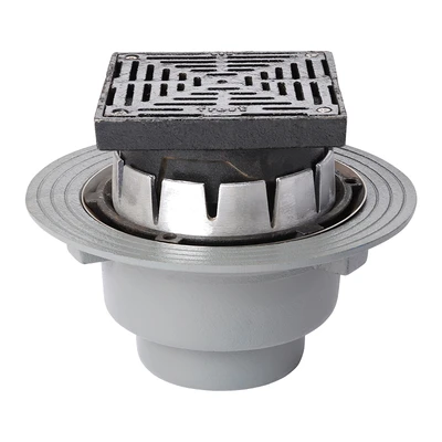 Frost Inverted Roof drain assembly - cast iron grating adjustable 200mm square, large sump body with clamp, vertical threaded outlet 4" BSP
