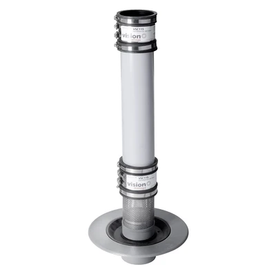 Frost Planter drain, clamp stainless steel gravel guard, 2 fast fit couplings and pvc stand pipe, medium sump body cast iron body, 100mm Spigot outlet