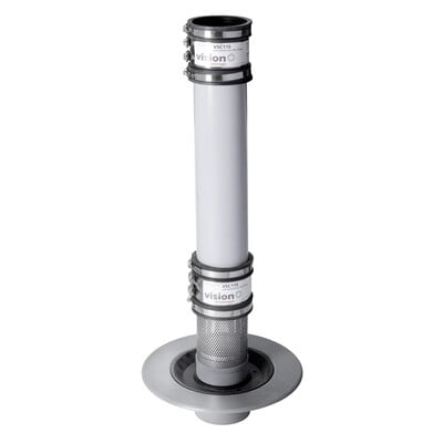 Frost Planter drain, clamp stainless steel gravel guard, 2 fast fit couplings and pvc stand pipe, medium sump body cast iron body, 100mm Spigot outlet
