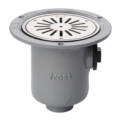 Frost Shower drain assembly trapped with clamp for vinyl floors, fixed grating 130mm round small sump body cast iron vertical 50mm spigot outlet