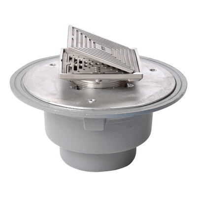 Frost Floor drain 150mm square nickel bronze grating with hinged cover plate with large sump body and spigot outlet size 100mm