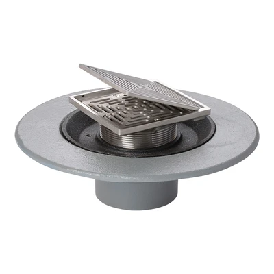 Frost Floor drain 150mm square nickel bronze grating with hinged cover plate with medium sump body and threaded outlet size 4" BSP