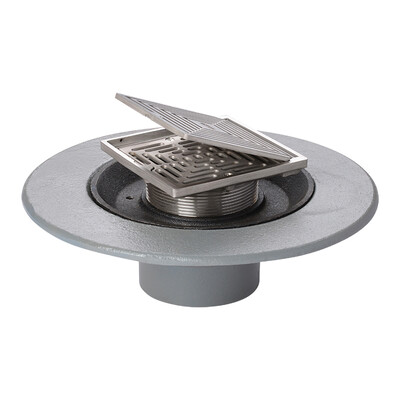 Frost Floor drain 150mm square nickel bronze grating with hinged cover plate with medium sump body and threaded outlet size 4" BSP