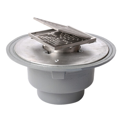 Frost Floor drain 150mm square stainless steel grating with hinged cover plate with large sump body and threaded outlet size 4" BSP