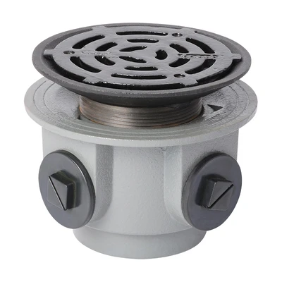 Frost Floor drain 200mm circular ductile iron grating and medium sump body with side inlets and threaded outlet size 4" BSP
