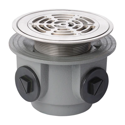 Frost Floor drain 150mm square nickel bronze grating for vinyl floors and medium sump body with side inlets and threaded outlet size 4" BSP