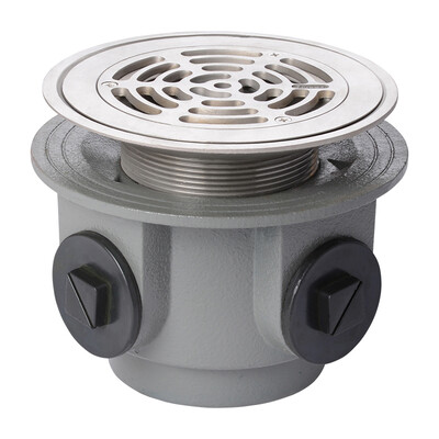 Frost Floor drain 150mm square nickel bronze grating for vinyl floors and medium sump body with side inlets and threaded outlet size 4" BSP