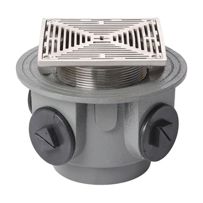 Frost Floor drain 150mm square stainless steel grating 3mm slots and medium sump body with side inlets and threaded outlet size 4" BSP