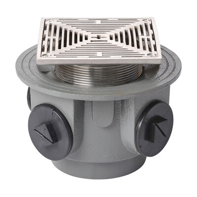 Frost Floor drain 150mm square stainless steel grating 3mm slots and medium sump body with side inlets and threaded outlet size 4" BSP