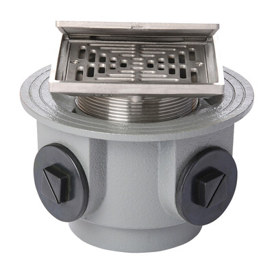 Frost Floor drain 150mm square nickel bronze with hinged cover plate and medium sump body with side inlets and threaded outlet size 4" BSP