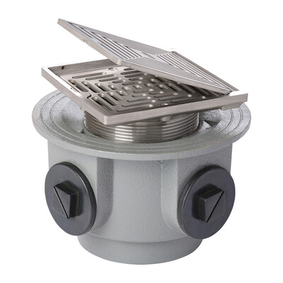 Frost Floor drain 150mm square stainless steel with hinged cover plate and medium sump body with side inlets and threaded outlet size 4" BSP