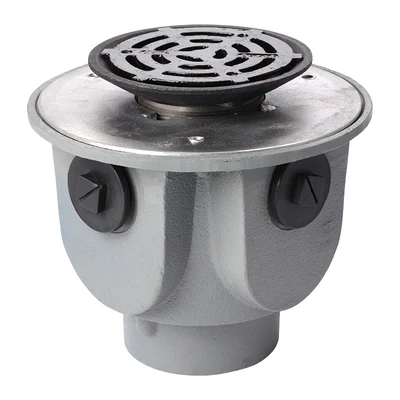 Frost Floor drain 200mm circular ductile iron grating with large deep sump body and threaded outlet size 4" BSP