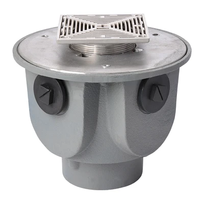 Frost Floor drain 150mm square stainless steel grating 3mm slots with large deep sump body and threaded outlet size 4" BSP