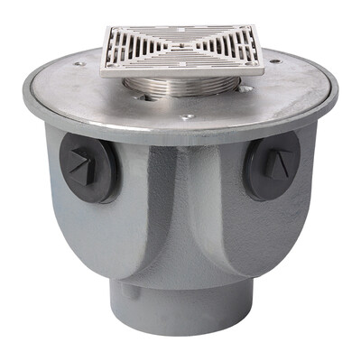 Frost Floor drain 150mm square stainless steel grating 3mm slots with large deep sump body and threaded outlet size 4" BSP