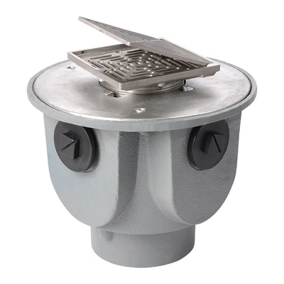 Frost Floor drain 150mm square stainless steel grating with hinged cover plate with large deep sump body and threaded outlet size 4" BSP