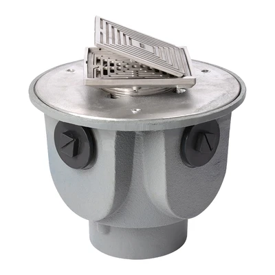 Frost Floor drain 150mm square nickel bronze grating with hinged cover plate with large trapped sump body and threaded outlet size 4" BSP