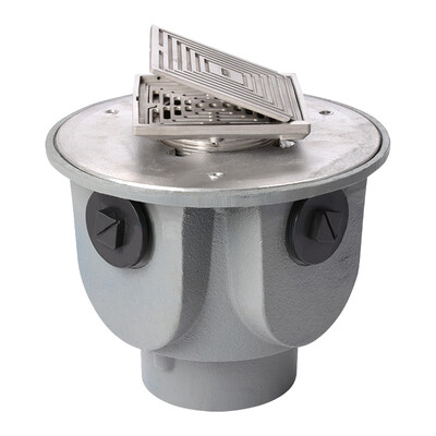 Frost Floor drain 150mm square stainless steel grating with hinged cover plate with large trapped sump body and threaded outlet size 4" BSP